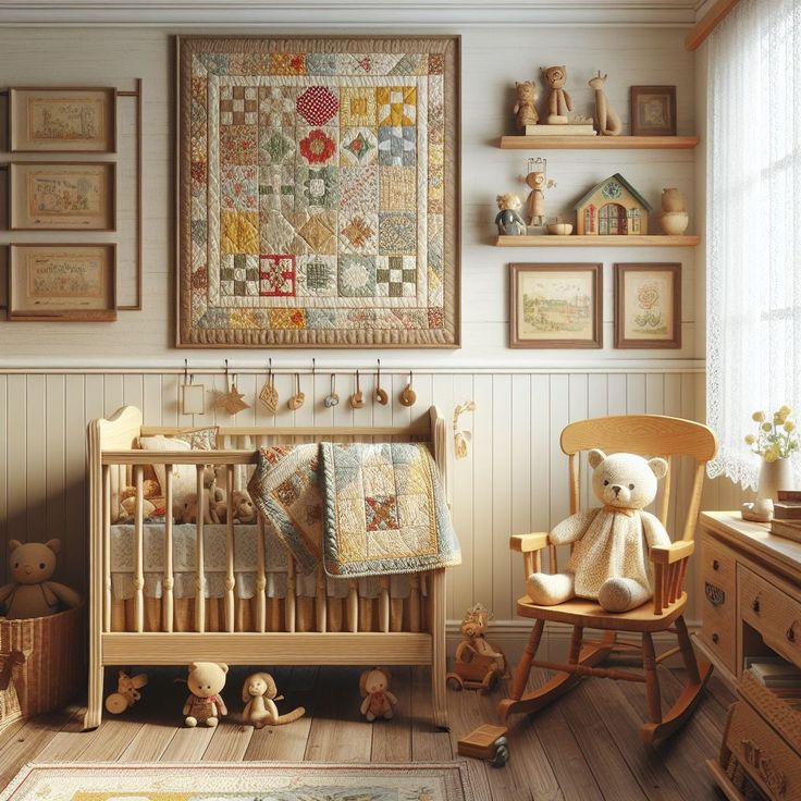 a baby's room with a teddy bear and quilt on the wall