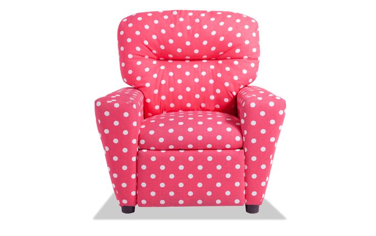 a pink and white polka dot recliner chair with black legs, one arm facing forward