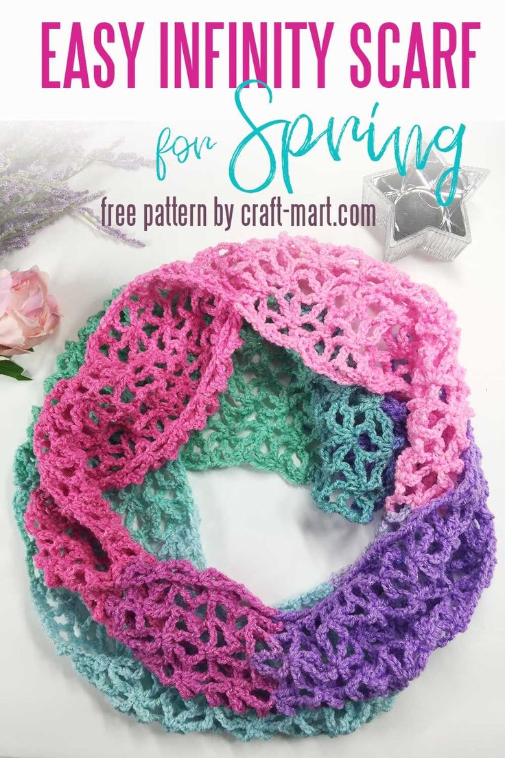 a crochet scarf with text overlay that says learn to crochet lacy infinity scarf crochet pattern