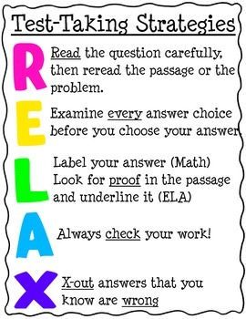 a poster with the words relax and test taking strategy written in different colors on it