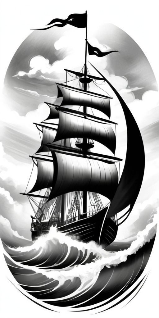 a black and white drawing of a ship in the ocean