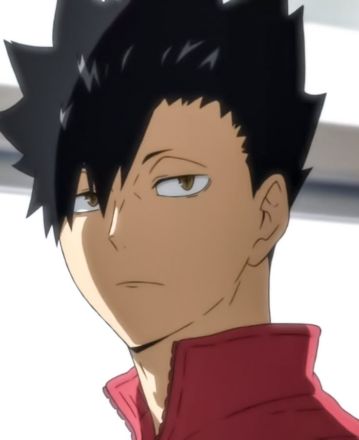 an anime character with black hair and green eyes looking at the camera while wearing a red shirt