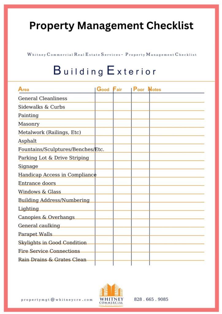 the property management checklist is shown in red and white, with an orange border around it