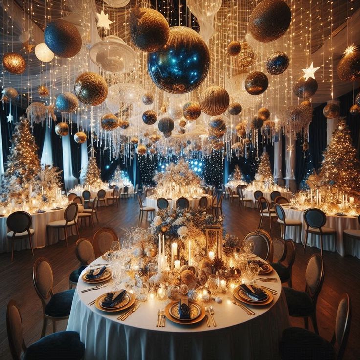 a room filled with lots of tables covered in white and gold decorations next to christmas trees