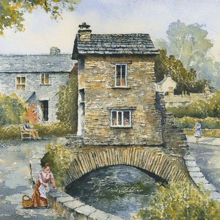 a painting of a woman sitting on a stone bridge over a small stream in front of a house