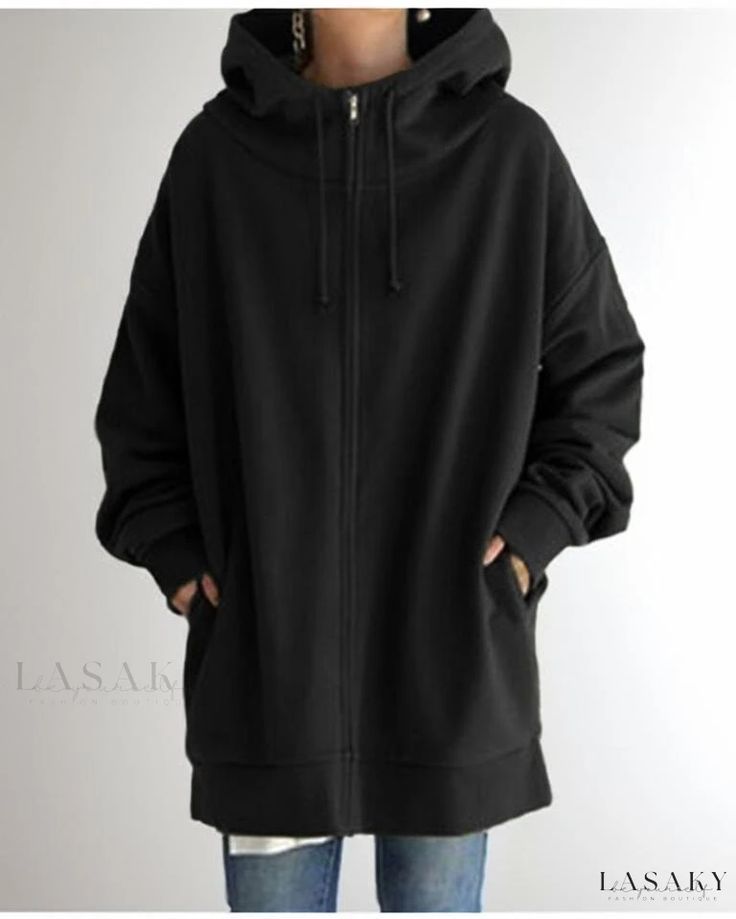 Lasaky - Premium Customizable Hooded Zip-Up Sweatshirt with Extended Length and Luxurious Fleece Lining Chaleco Casual, Hoodie Coat, Fall Fabric, Loose Outfit, Fleece Sweater, Persona 5, Collar Top, Turtle Neck Top, Hooded Sweater