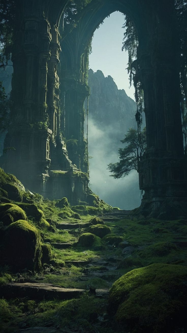 an arch in the middle of a forest with moss growing on it's sides