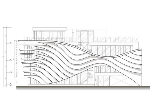 an architectural drawing of a building with wavy lines