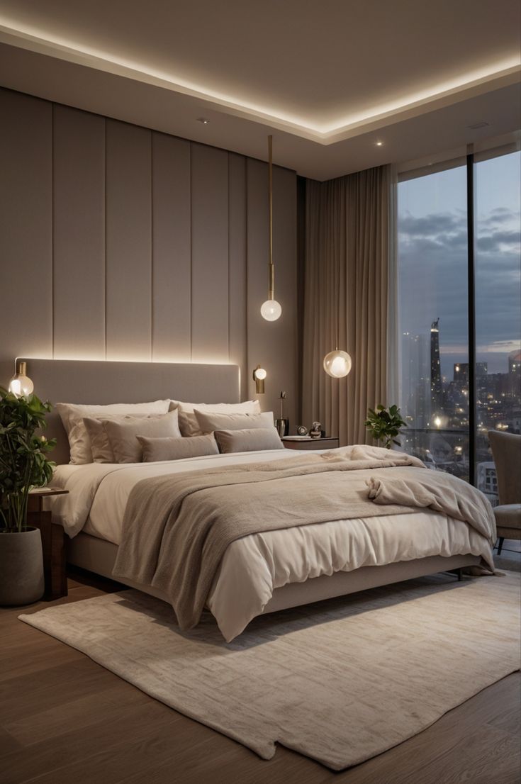 a large bed sitting next to a tall window in a bedroom under a cloudy sky