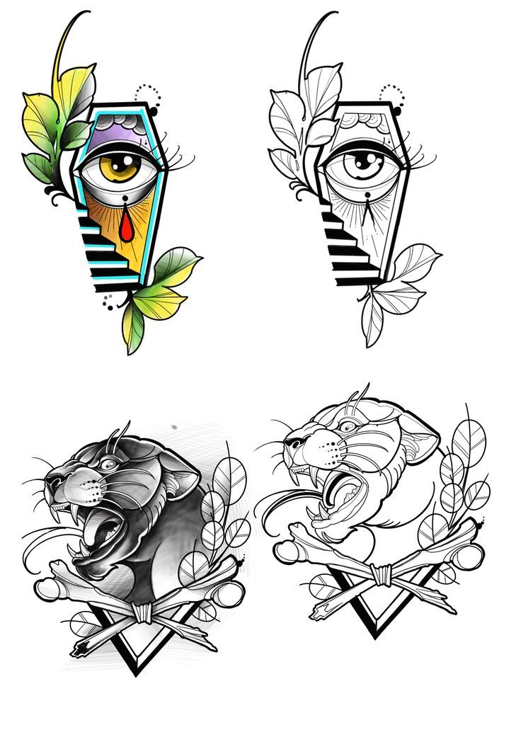 four different tattoos with an eye and leaves on them, each one has the same design as