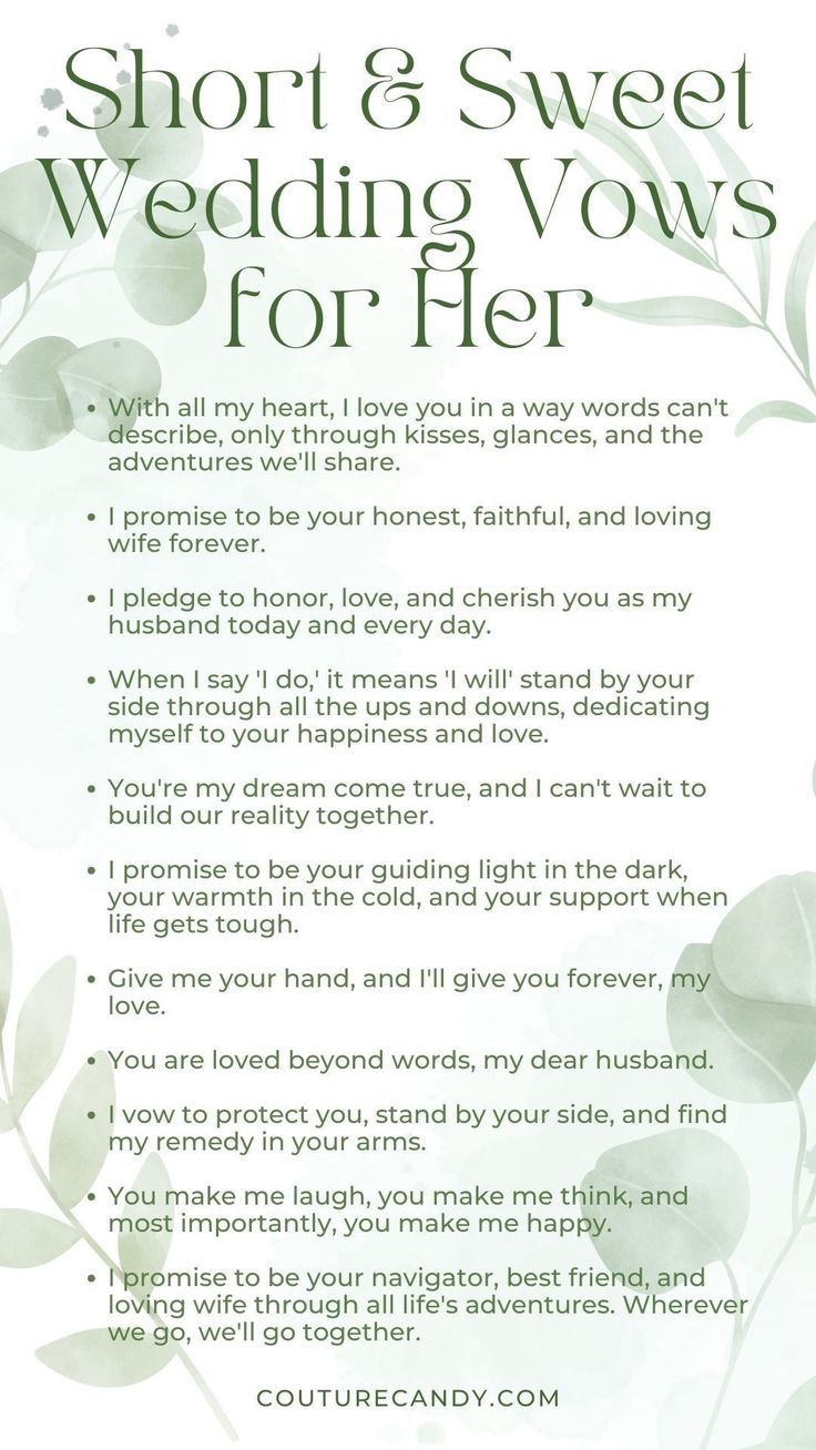 a wedding vows for her with leaves on the bottom and words below that read, short & sweet wedding vows for her