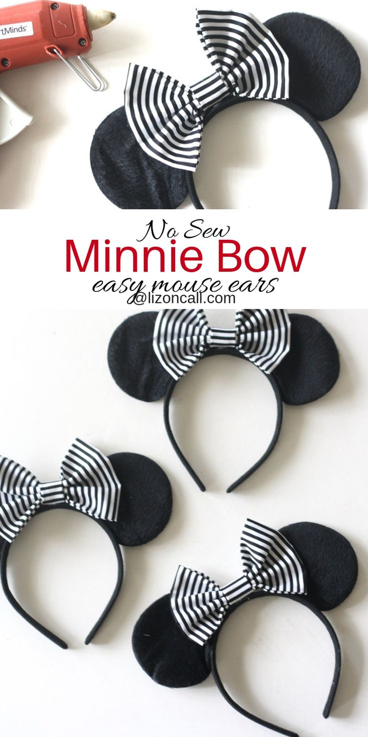 three minnie mouse ears with black and white stripes on them, one has a bow at the top