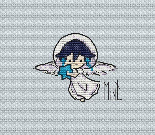 an angel with blue eyes and black hair is depicted in the middle of a cross stitch pattern