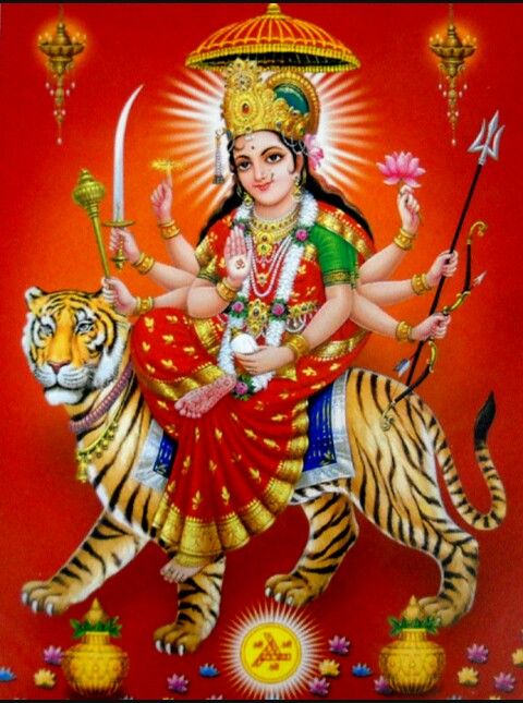 goddess sitting on top of a tiger in front of a red background with gold accents