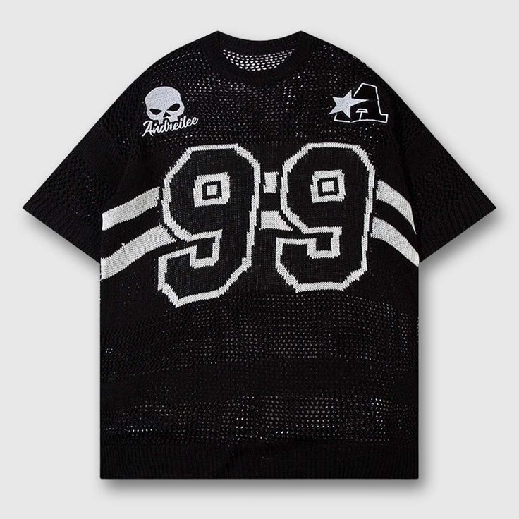 Features: Unisex Detailed craftsmanship Black mesh '99' jersey design Crew neck Soft and breathable Material: 96% Knitting Graphic Shirt Design, Costume Bags, Mesh Jersey, Outwear Coat, Skate Wear, Overalls Pants, Adidas Trefoil, Floral Print Shirt, Jersey Design