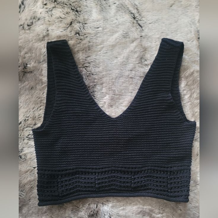 Cropped Knit Top About 16" X 16". V-Neck Infront, Square In Back. Fitted V-neck Crochet Top, Black Pointelle Knit V-neck Top, Black V-neck Crochet Top For Spring, V-neck Crochet Knit Top, Fitted V-neck Crochet Knit Top, Fitted V-neck Pointelle Crochet Top, Casual Knitted V-neck Crop Top, Black Open Knit Casual Crop Top, Casual Black Open Knit Crop Top