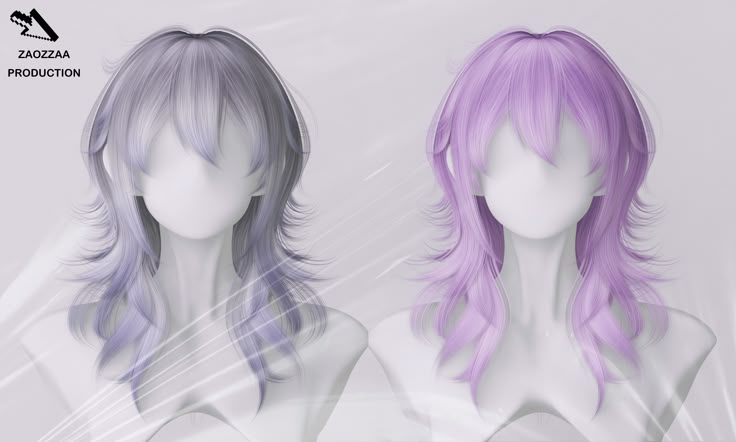 two female mannequins with long purple hair