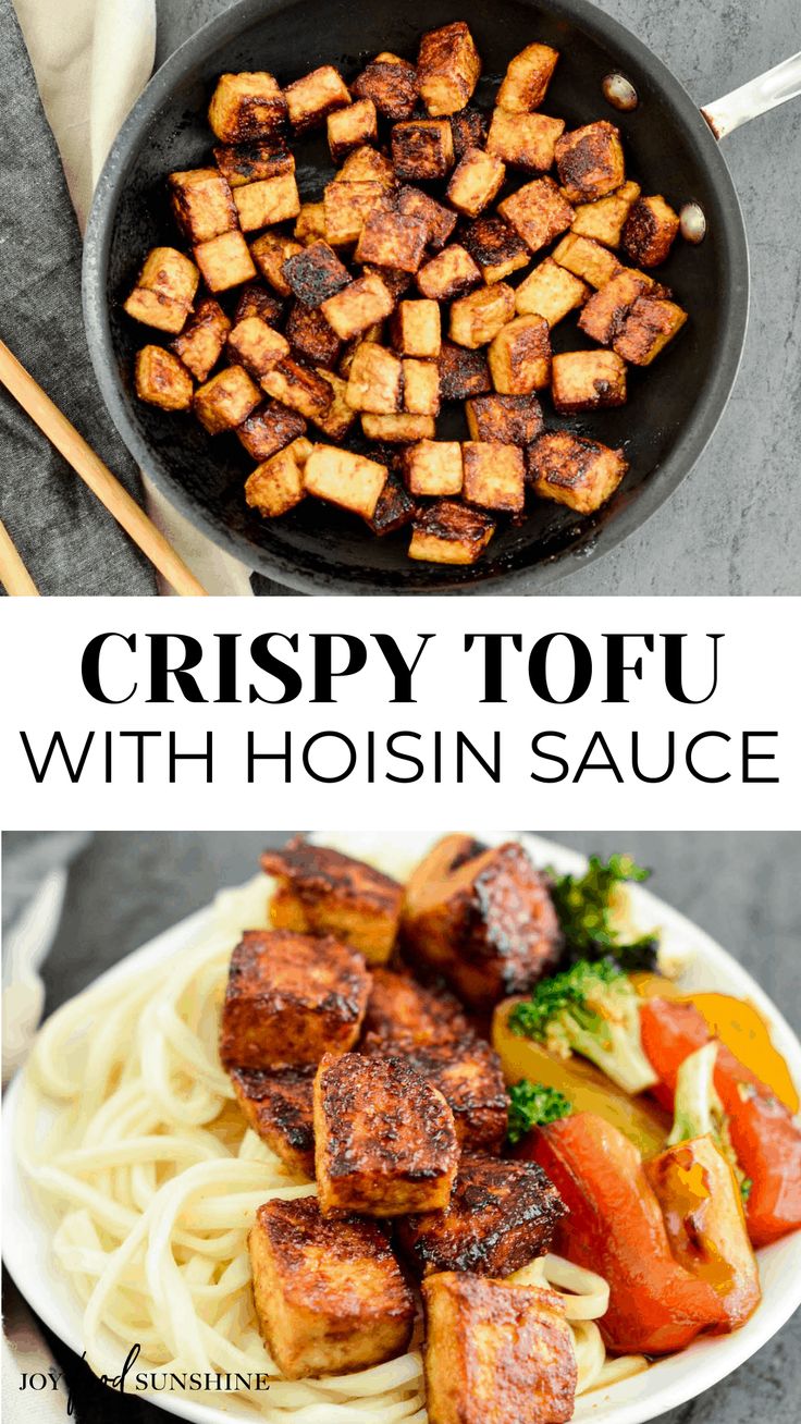 crispy tofu with hoisin sauce in a skillet and on a plate