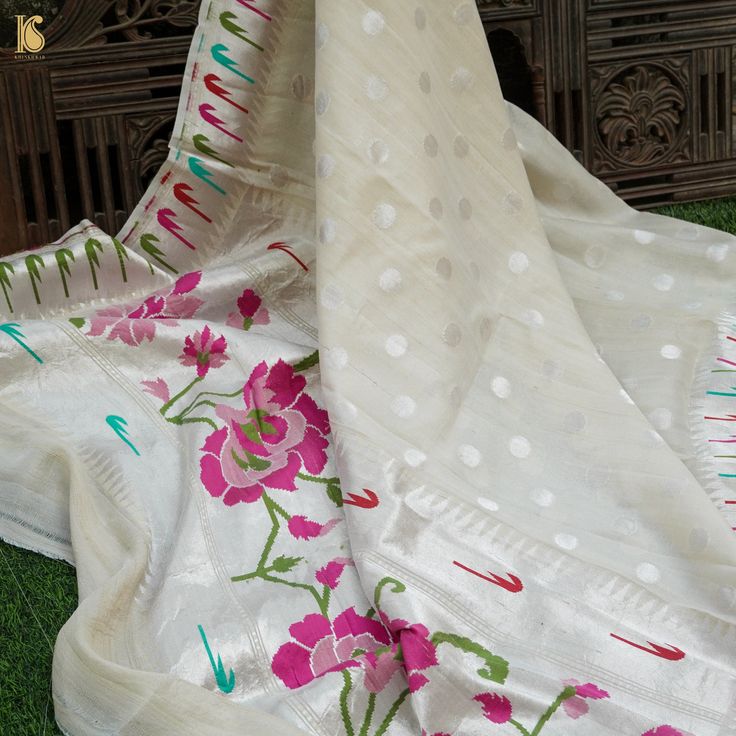 Preorder: Handloom Pure Tussar Silk Silver Zari Banarasi Muniya Border Dupatta - Khinkhwab Elegant Fabric With Motifs For Festive Occasions, Elegant Festive Fabric With Motifs, Traditional Semi-stitched Salwar Kameez With Zari Weaving, Designer Wear Off White Cutdana Blouse Piece, Designer Off-white Blouse Piece With Cutdana, Traditional Designer Wear Off White Blouse Piece, Designer Off-white Cutdana Blouse Piece, Wedding Tussar Silk Kurta With Cutdana, Traditional Off White Designer Lehenga