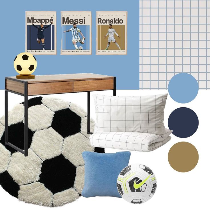 there is a soccer ball on the floor next to a table and chair with pillows