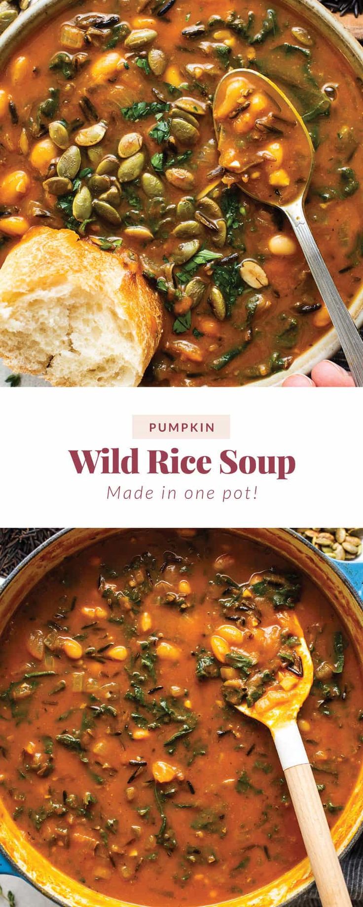 a bowl of soup with bread on the side and an image of pumpkin wild rice soup