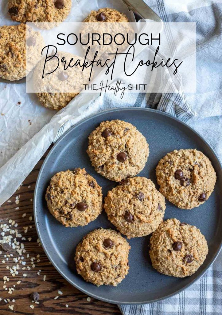 some cookies are sitting on a plate with the words, sourdough breakfast cookies