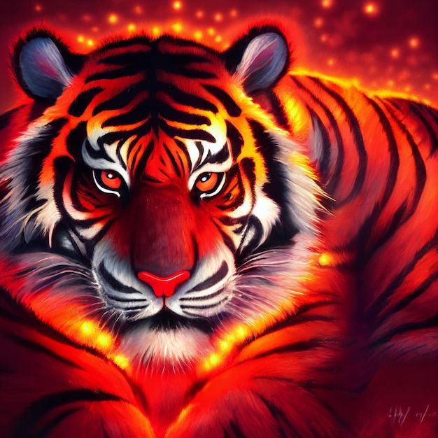 a painting of a tiger with bright lights in the background