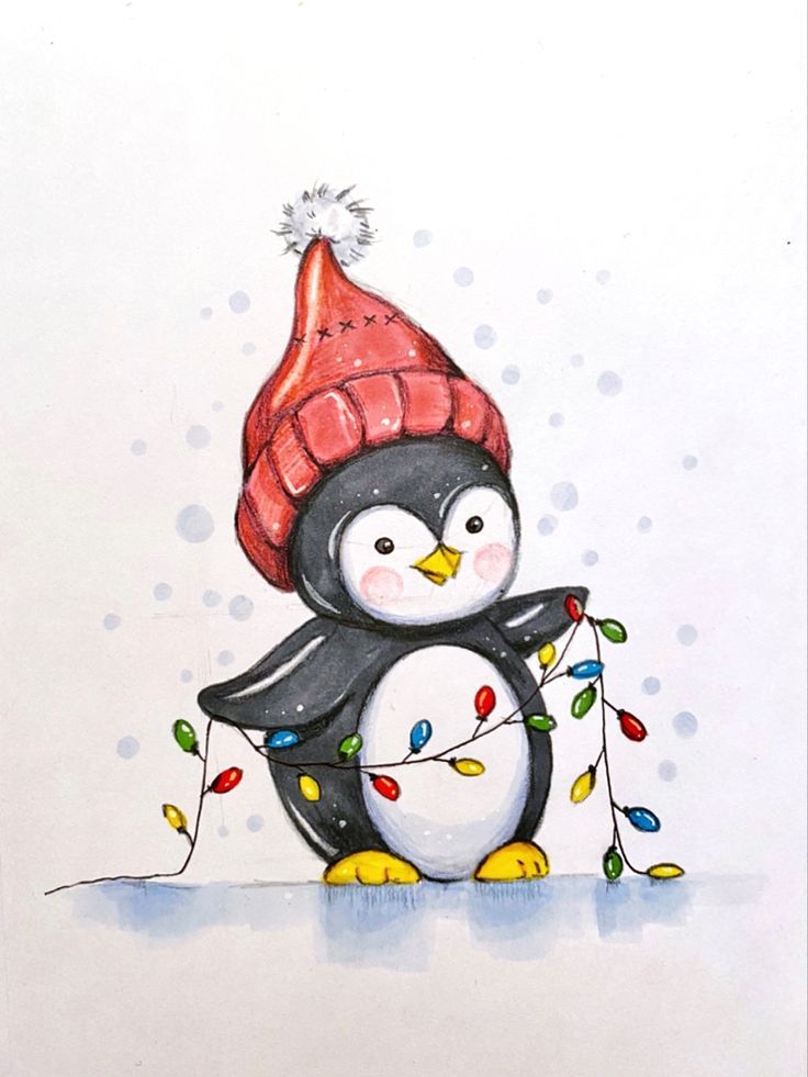 a drawing of a penguin wearing a red hat and holding a string of christmas lights