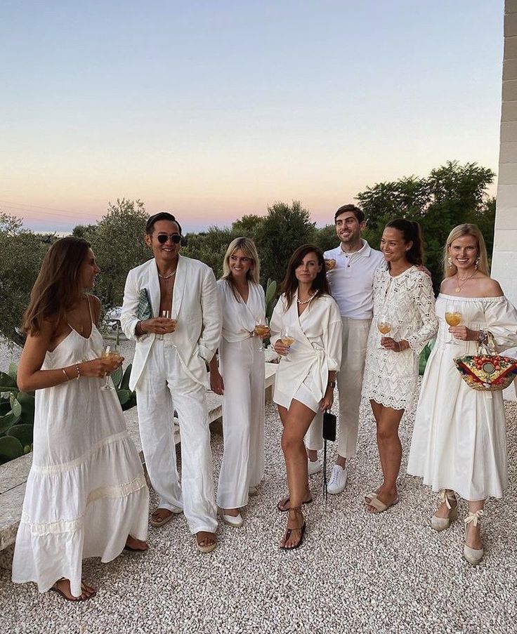 All White Hamptons Party, Birthday Theme Dress Code, White Party Aesthetic Beach, Wedding Guests In White, All White Welcome Party Outfits, White Party Rehearsal Dinner, Summer Themed Party Outfit, All White Garden Party Outfit, All White Rehearsal Dinner Party