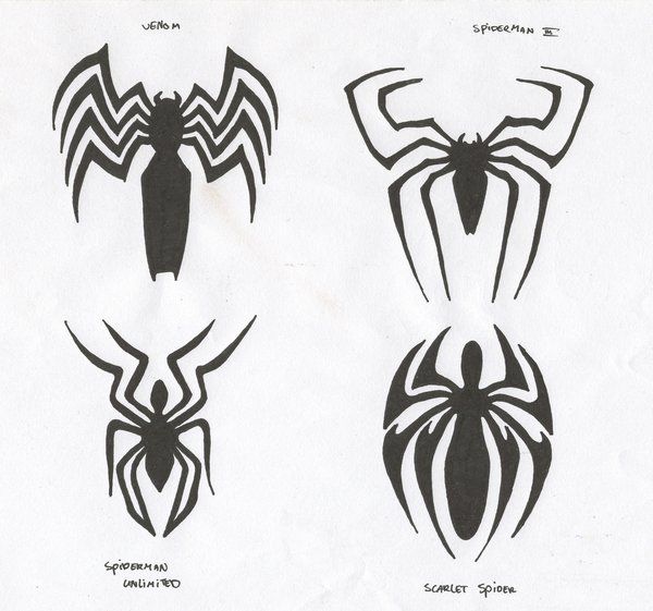 four different spider - man logos are shown in black and white, one is drawn on paper