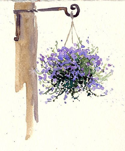 a painting of purple flowers hanging from a hook