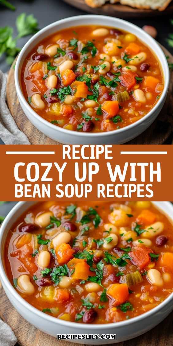 two bowls filled with bean soup on top of a wooden cutting board