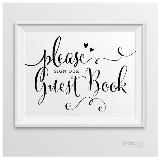 a black and white print with the words please sign our guest book in cursive writing