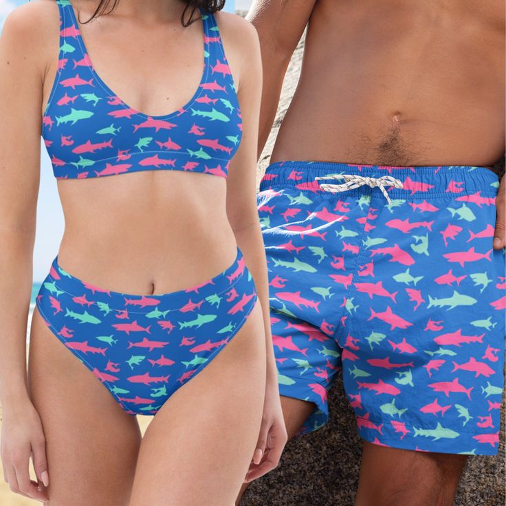 His Hers Matching Couples Swimsuits Couples Swimsuits, Matching Swimsuits For Couples, Honeymoon Swimwear, Honeymoon Swimsuit, Blue Shark, Eco Fabric, Matching Swimwear, Swimsuit Set, Recycled Polyester Fabric