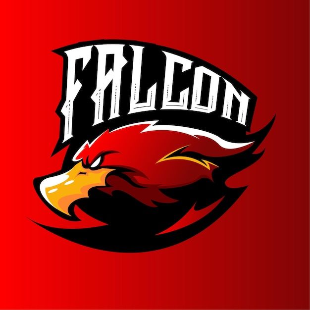 a red and black logo with the word falcon on it's side, in front of