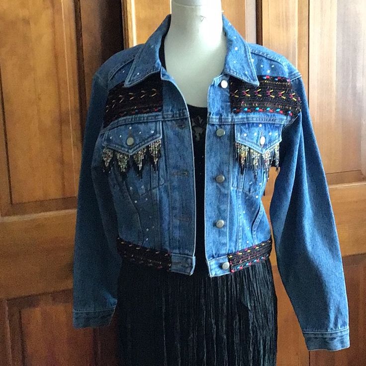 Denim Jacket With Beaded Trim With Black Braid Never Worn From A Boutique Embellished Medium Wash Denim Jacket For Fall, Trendy Beaded Fringe Fall Outerwear, Embellished Denim Jacket For Fall, Fall Denim Jacket With Beaded Fringe And Long Sleeves, Bohemian Blue Denim Jacket For Winter, Bohemian Dark Wash Denim Jacket For Fall, Fitted Bohemian Denim Blue Outerwear, Casual Embellished Medium Wash Denim Jacket, Spring Denim Jacket With Beaded Fringe And Long Sleeves