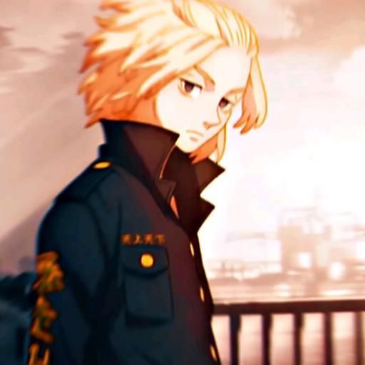 an anime character with blonde hair standing in front of a cityscape and looking off into the distance