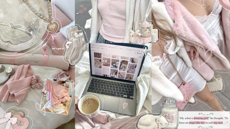 a collage of photos with a woman in pink and white clothing on her laptop