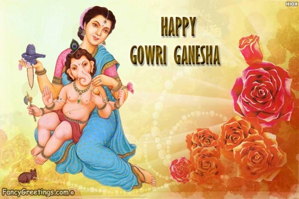 happy gowri gangesha greeting card with roses and flowers in the background