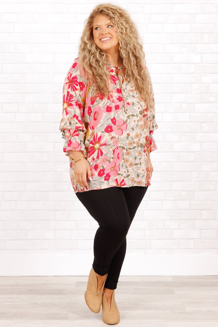 You'll look so radiant in this beauty! It is the perfect choice for a casual, stylish look! It features a beautiful pink color and trendy floral pattern to add a subtle touch of elegance! The flowy fit ensures maximum comfort, making it ideal for any casual outing! 50% Cotton, 50% Rayon Chic Pink Rayon Tops, Spring Floral Print Rayon Blouse, Pink Printed Rayon Tops, Pink Rose Print Top For Spring, Pink Flowy Rayon Tops, Flowy Pink Rayon Top, Spring Pink Rose Print Tops, Pink Rayon Top For Spring, Pink Rayon Tops For Spring