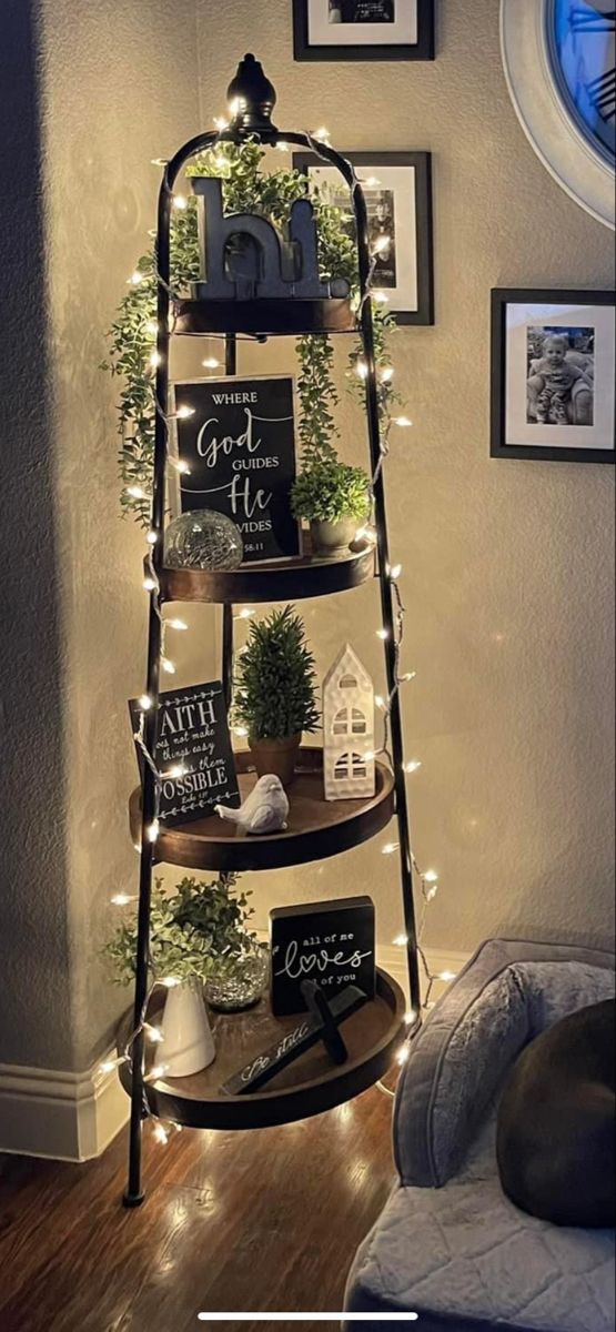 three tiered shelf with plants and pictures on the wall