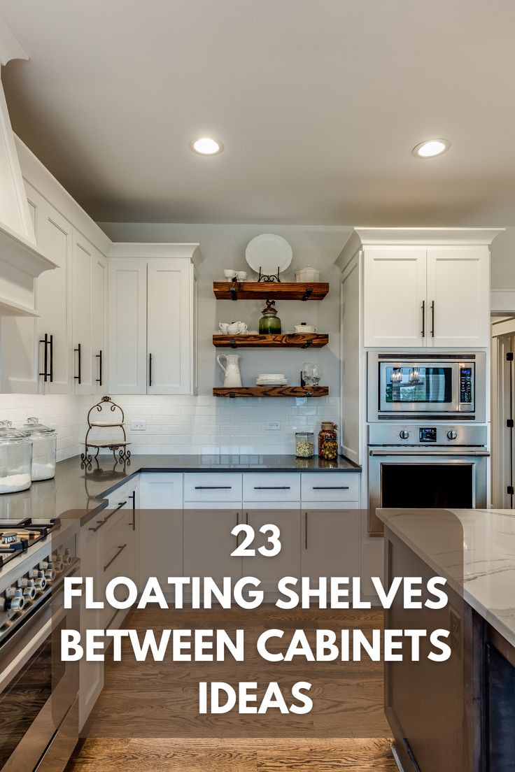 two floating shelves between cabinets in a kitchen with white walls and wood flooring on the side