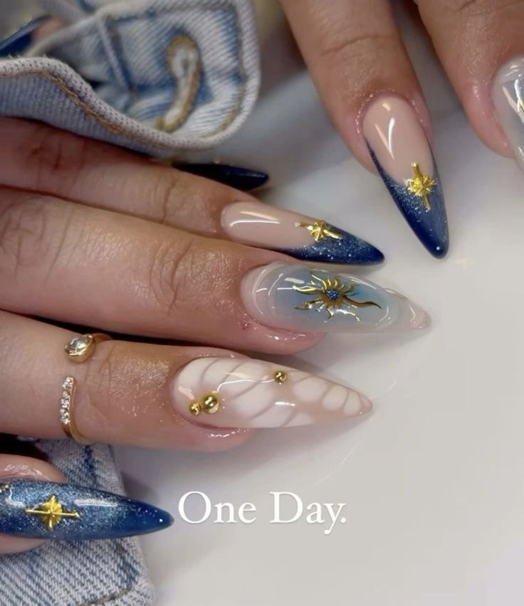 Gel X Simple Design, Complicated Nail Art, Insane Nail Designs, Faerie Nails, Blue Nail Designs 2024, Summer Nails Stiletto, Fairy Aesthetic Nails, Fairy Inspired Nails, Ethereal Nails