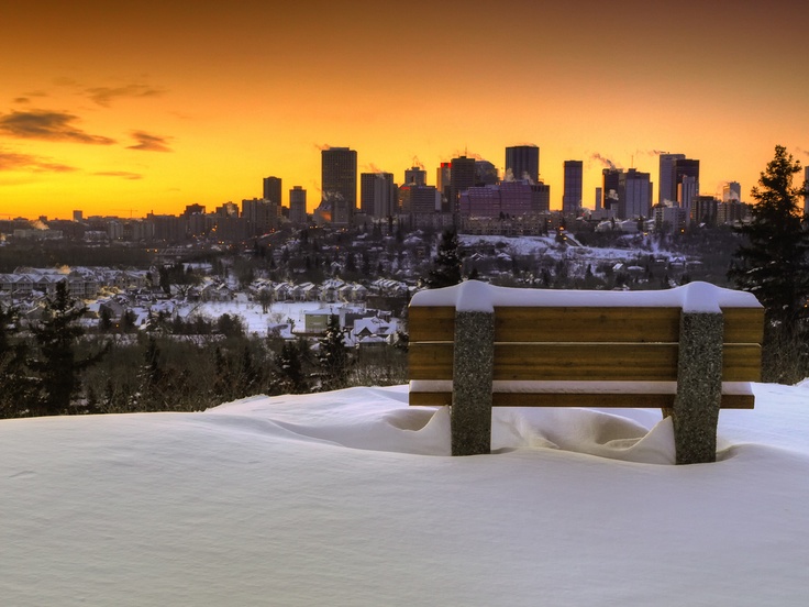 a wooden bench sitting on top of a snow covered slope next to a city skyline