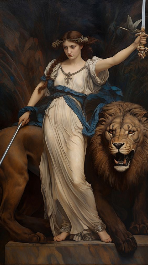 Women Paintings Classic, Frederic Leighton Paintings, John Waterhouse Paintings, Angel Woman Drawing, Warrior Woman Painting, Dynamic Lighting Reference, Lion And Woman, Women With Swords, Dramatic Paintings