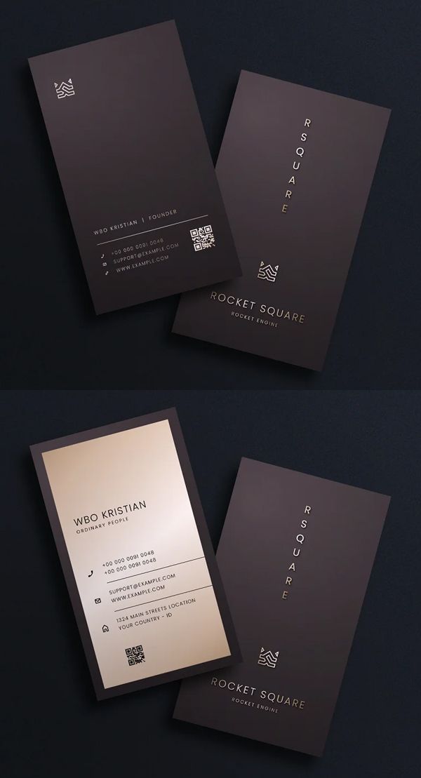 three different business cards with gold foil on the front and back, one in black