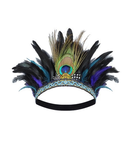 a blue and green mask with feathers on it's head, against a white background