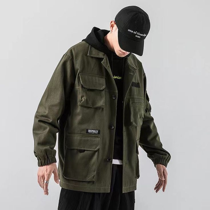 Aonga Size Chart Model Show Cargo Coat, Men Windbreaker, Men's Overalls, Streetwear Jackets, Mens Overalls, Men's Windbreaker, Army Jacket, Cargo Jacket, Outwear Jackets