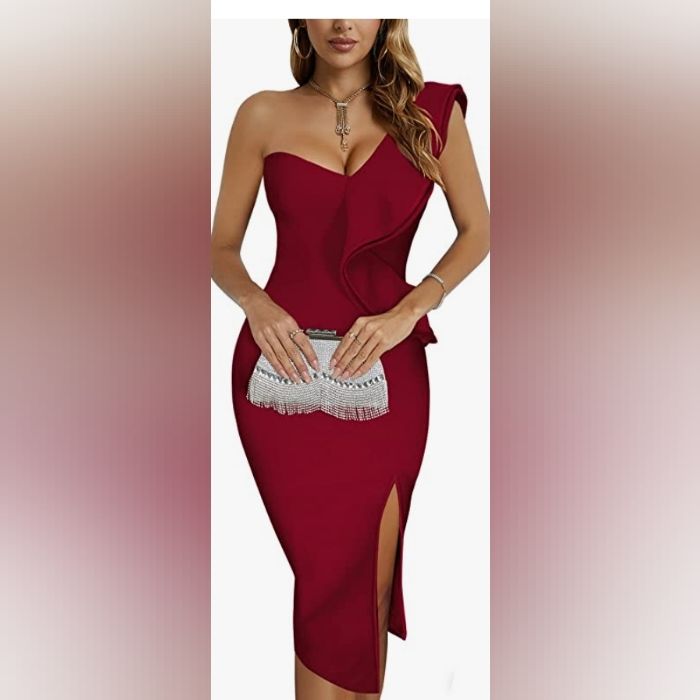 Meilun One Shoulder Ruffle Dress Side Split Bodycon Bandage Dress Wedding Guest Dress. Color: Wine Red Sheath Dress With Ruffles For Date Night, Night Out Sheath Dress With Ruffles, Fitted Ruffle Dress For Dinner, Fitted Red Midi Dress With Ruffles, Red Fitted Midi Dress With Ruffles, Sleeveless Ruffle Dresses For Dinner, Ruffled Dresses For Dinner Party, Elegant Sleeveless Midi Dress By Amazon, Elegant Sleeveless Mini Dress By Amazon