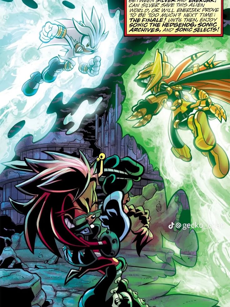 an image of a comic book page with two different characters in the background and one is flying